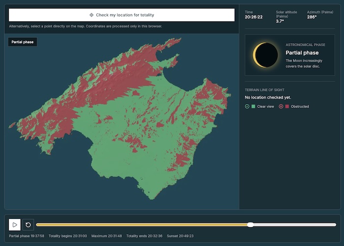 Kaart van Mallorca met zicht op de zonsondergang tijdens de eclips